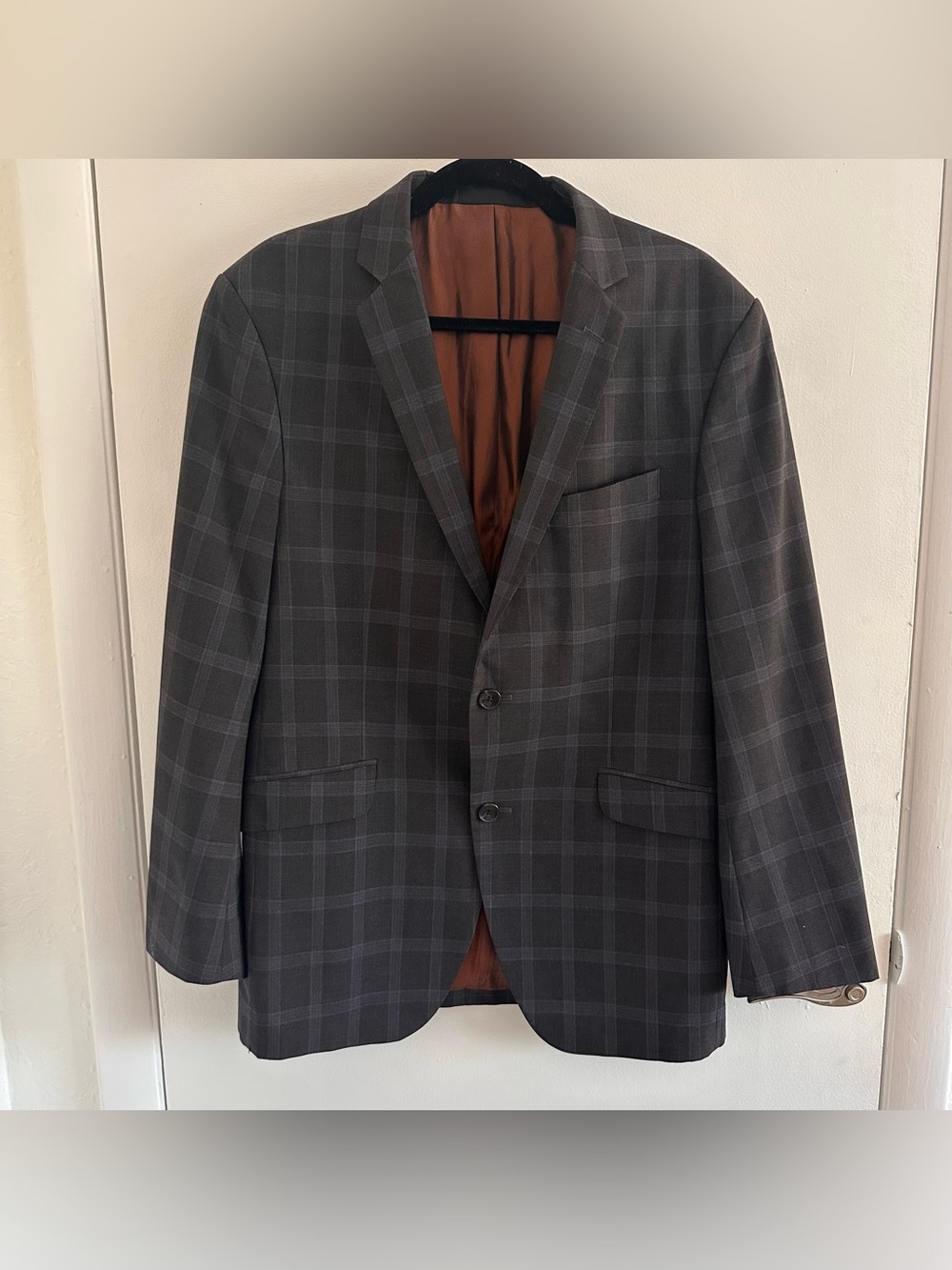 Ben Sherman 40R 100% Wool Gray Blue Windowpane Plaid Sport Coat Suit Jacket